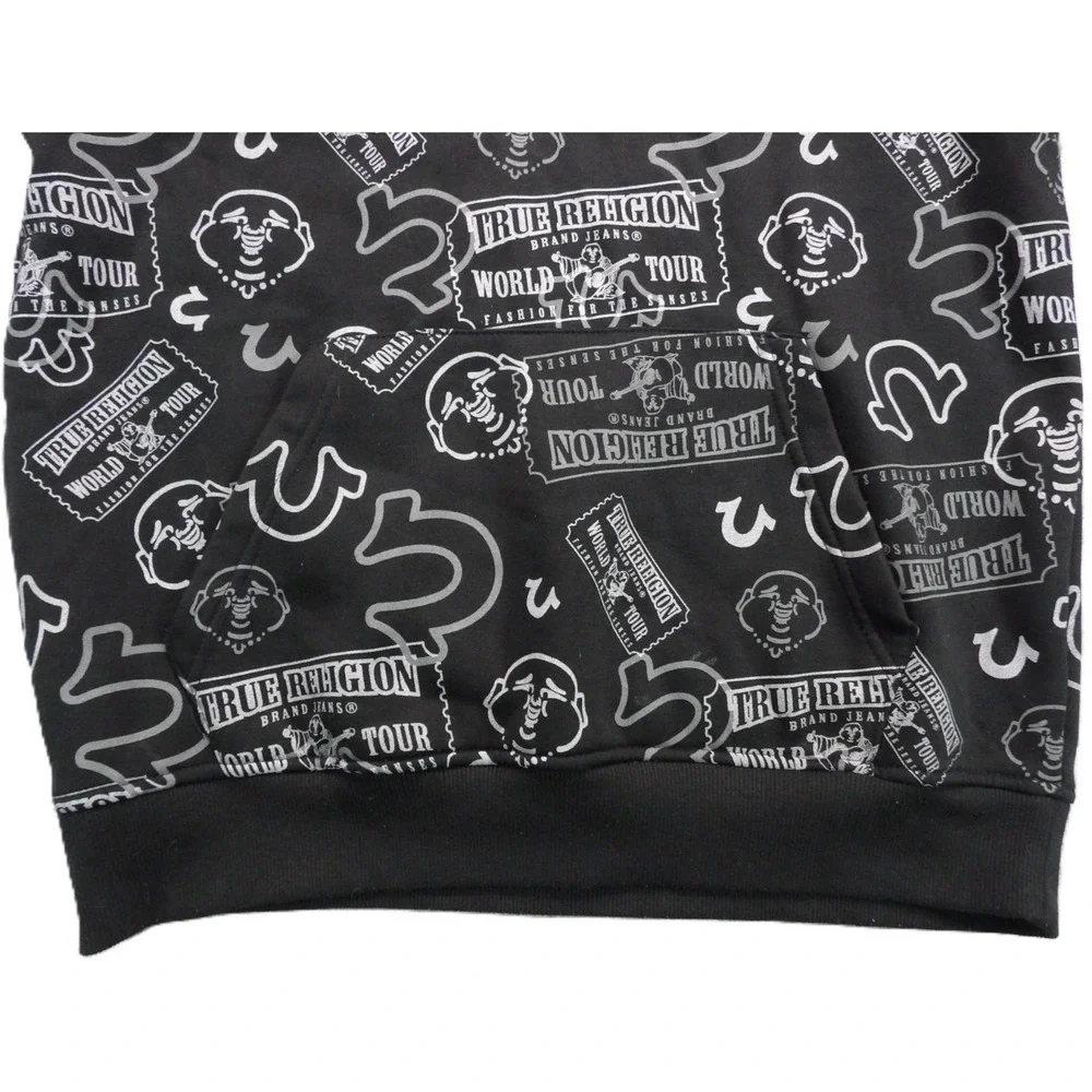 NWT True Religion Ticket Hoodie Men S Black AOP Pullover Graphic Streetwear Logo